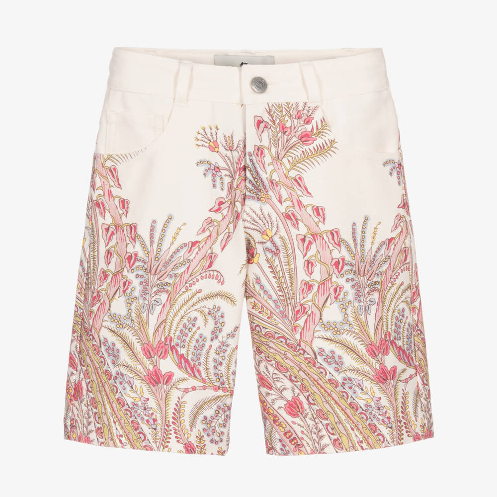 Etro-Girls Ivory Denim Shorts with Pink Floral Print | Childrensalon