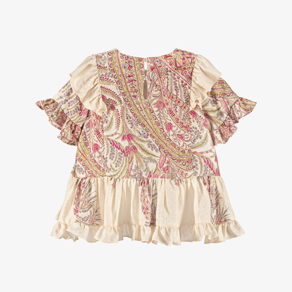 Etro-Блузка кремово-розовая с цветочным принтом и оборками для девочек | Childrensalon