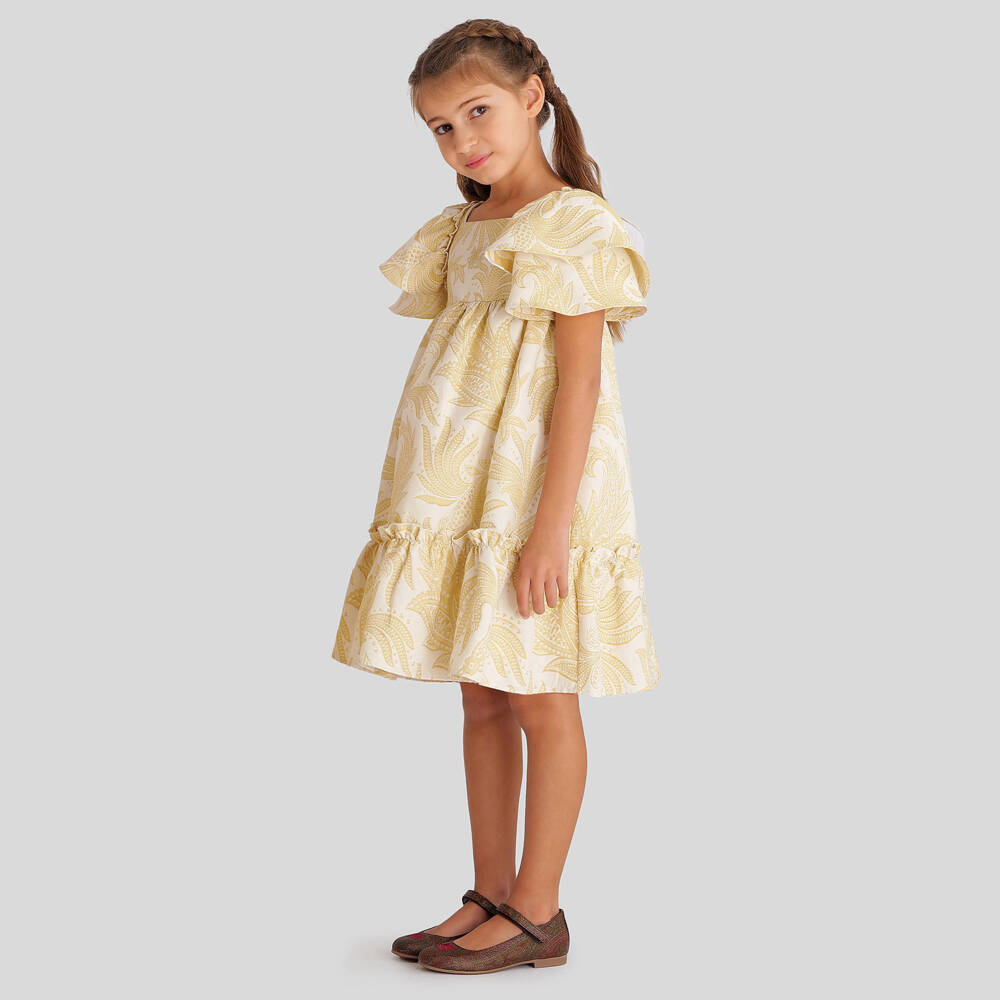 Etro-Girls Ivory & Yellow Jacquard Paisley Dress | Childrensalon