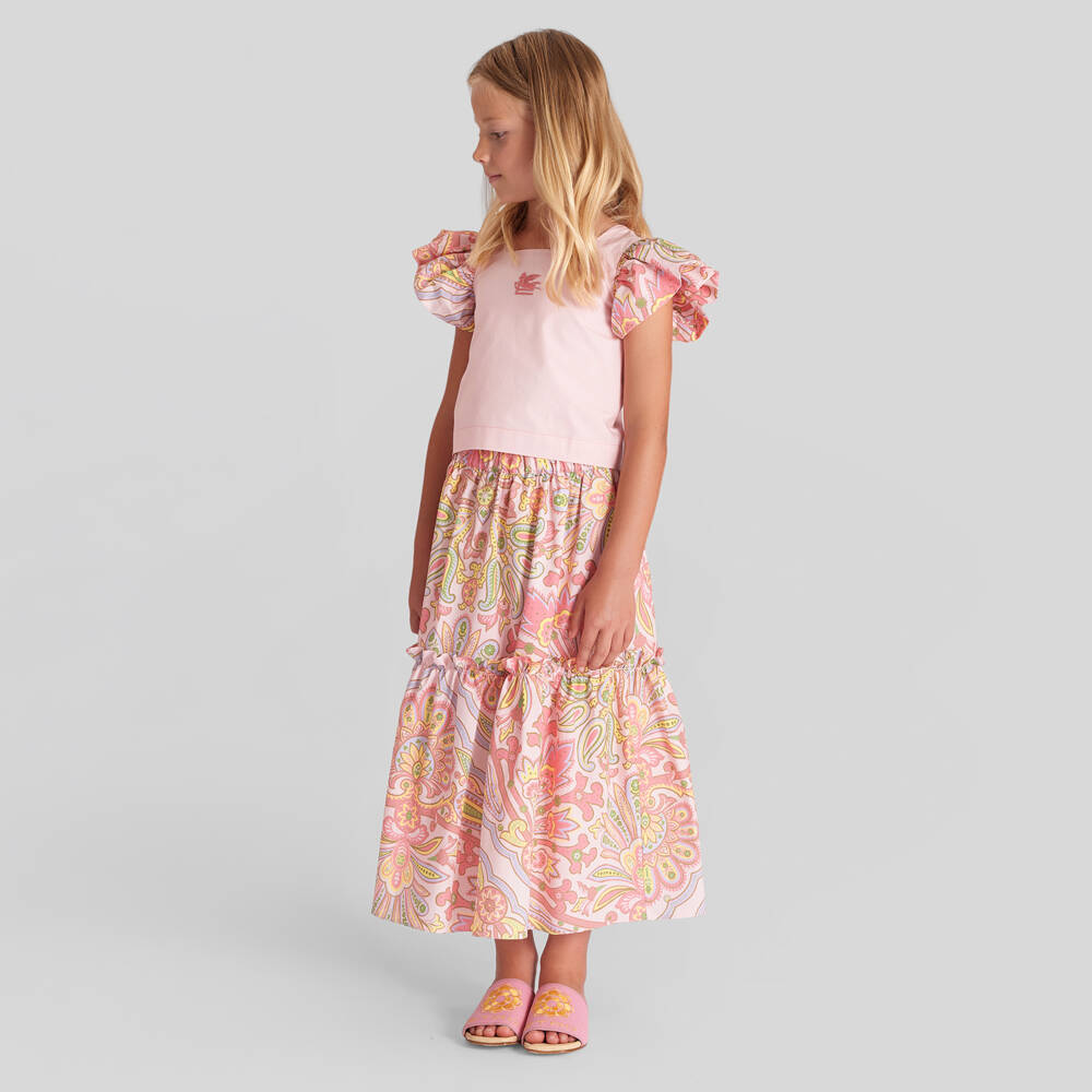 Etro-Girls Pale Pink Cotton Pegaso T-Shirt with Floral Sleeves | Childrensalon