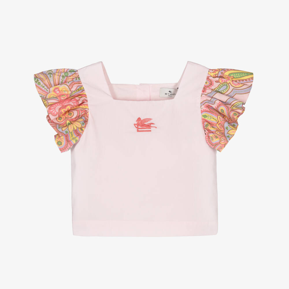 Etro-Girls Pale Pink Cotton Pegaso T-Shirt with Floral Sleeves | Childrensalon