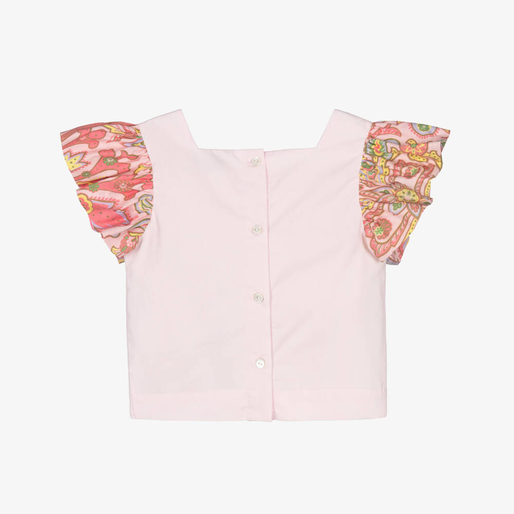 Etro-Girls Pale Pink Cotton Pegaso T-Shirt with Floral Sleeves | Childrensalon