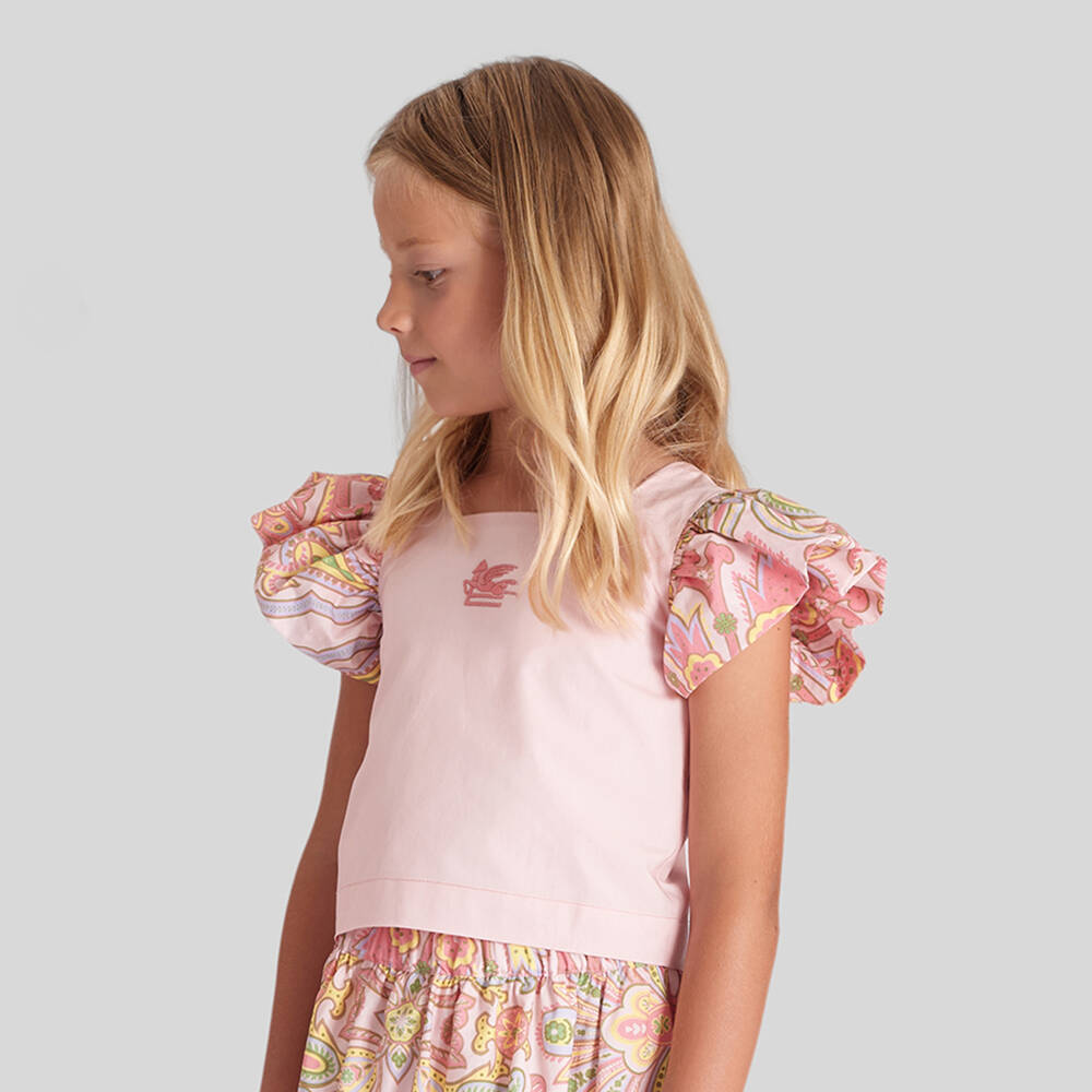 Etro-Girls Pale Pink Cotton Pegaso T-Shirt with Floral Sleeves | Childrensalon