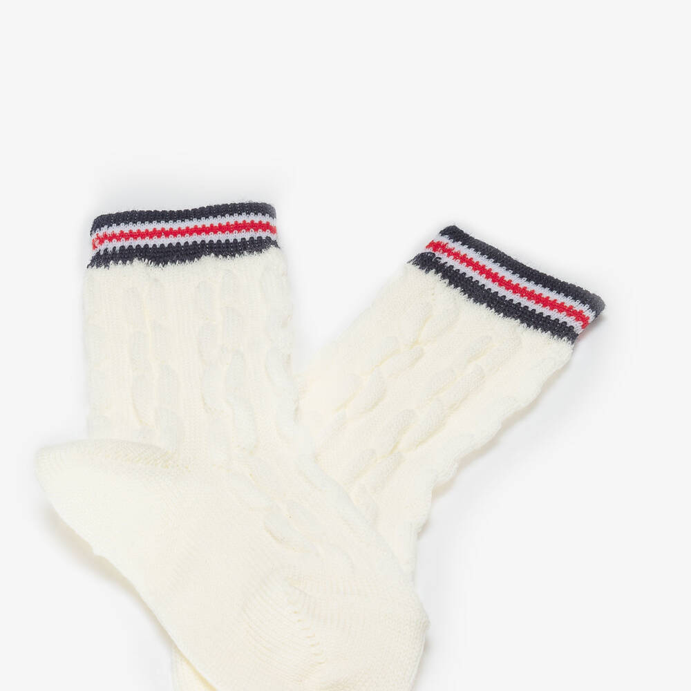 Falke-Ivory Wool Cable Knit Socks with Blue & Red Striped Cuffs | Childrensalon