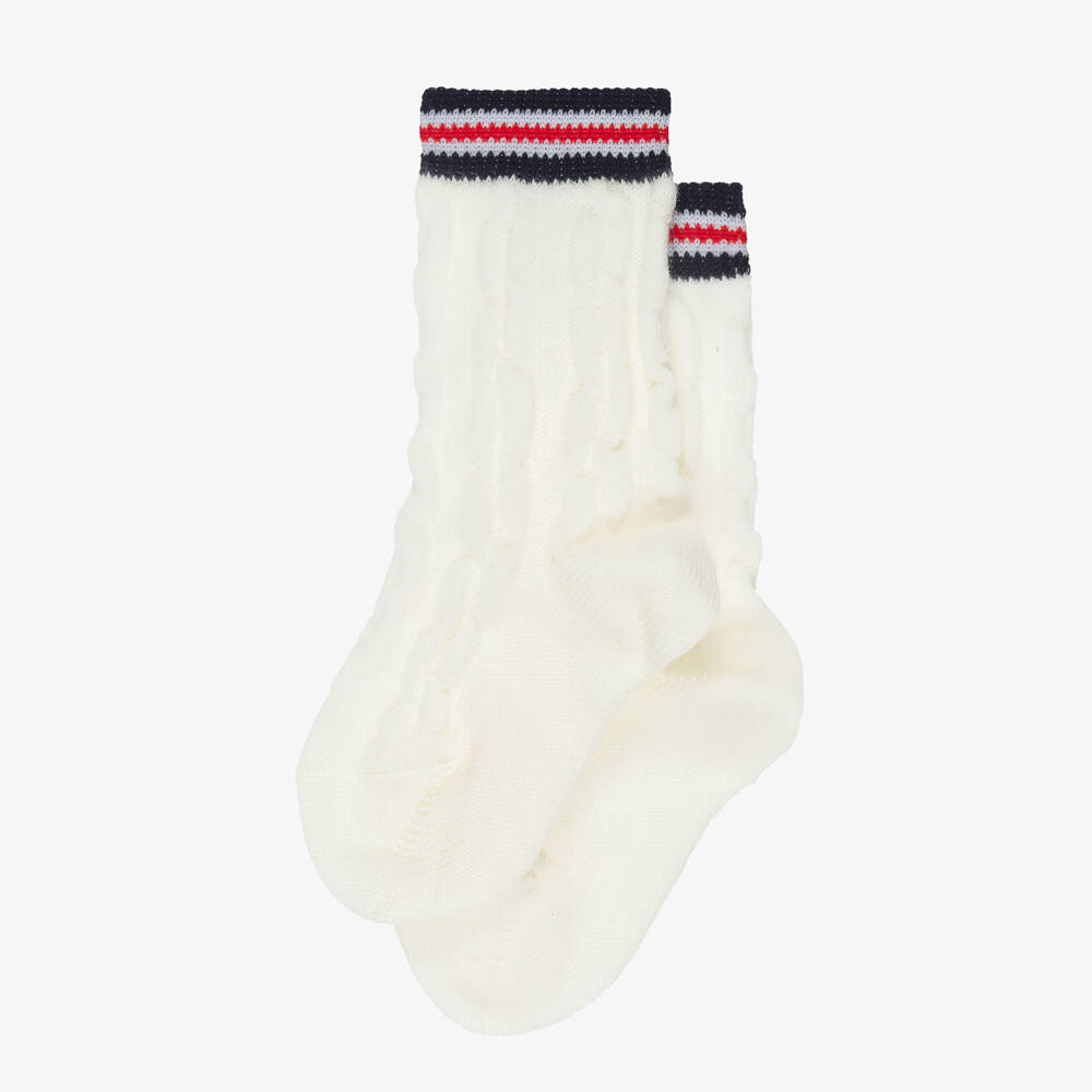 Falke-Ivory Wool Cable Knit Socks with Blue & Red Striped Cuffs | Childrensalon