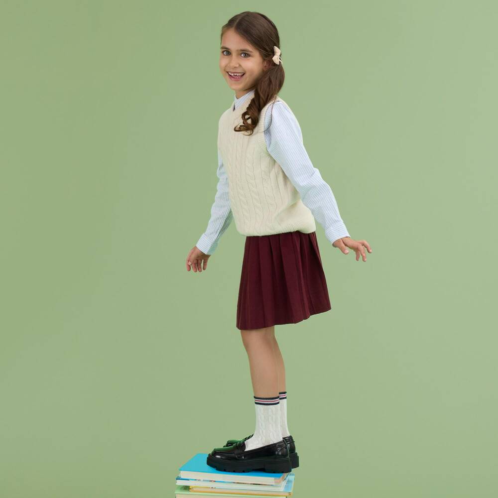 Falke-Ivory Wool Cable Knit Socks with Blue & Red Striped Cuffs | Childrensalon