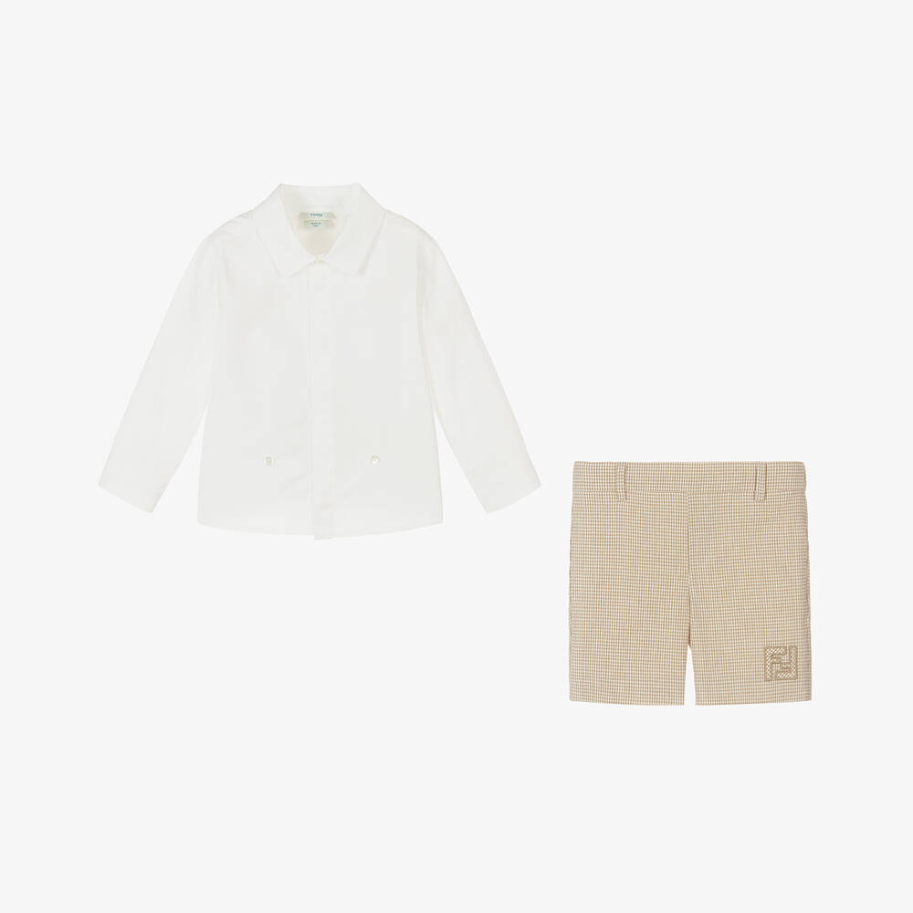 Fendi-بدلة رسمية بشعار FF لون بيج للمواليد | Childrensalon