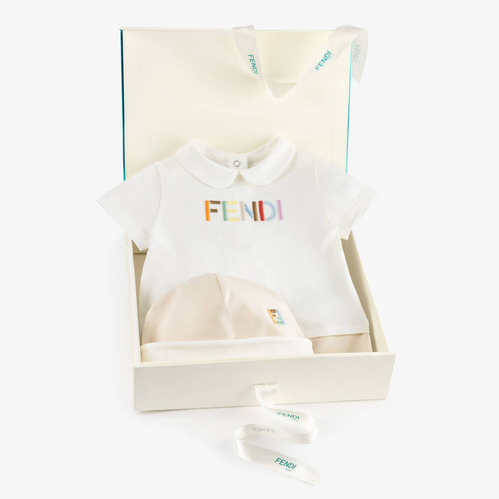 Fendi-Baby Boys Beige & White Cotton Shortie Gift Set | Childrensalon