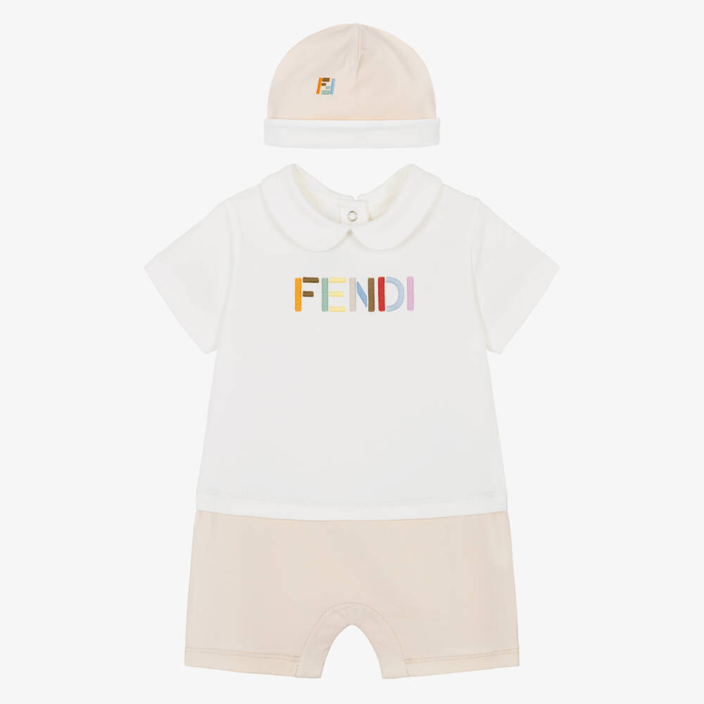 Fendi-Baby Boys Beige & White Cotton Shortie Gift Set | Childrensalon