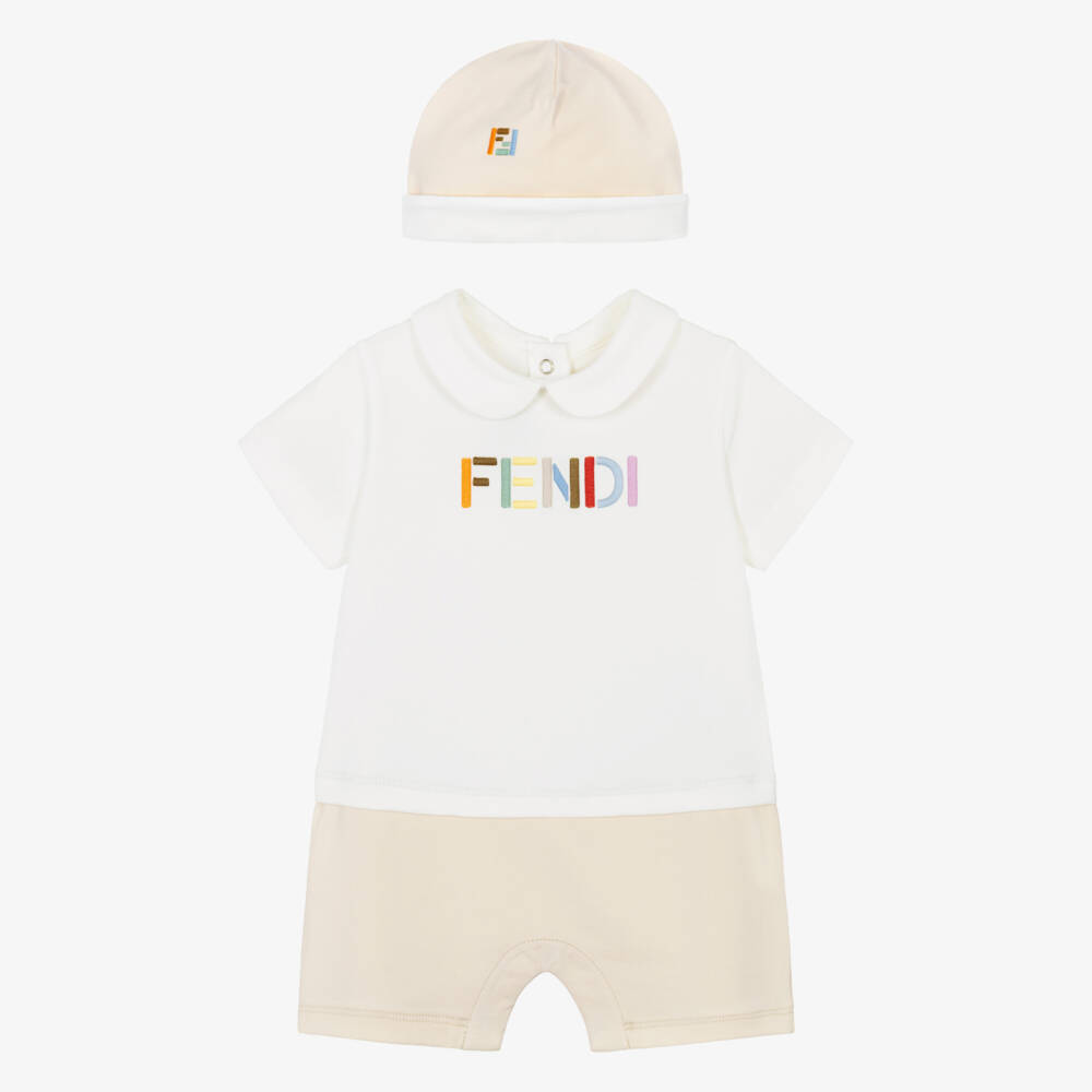 Fendi-Baby Boys Beige & White Cotton Shortie Gift Set | Childrensalon