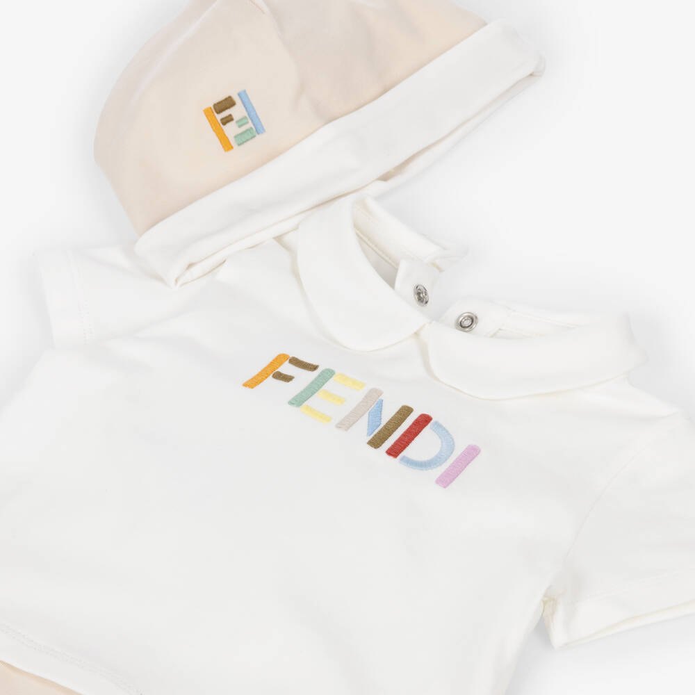 Fendi-Baby Boys Beige & White Cotton Shortie Gift Set | Childrensalon