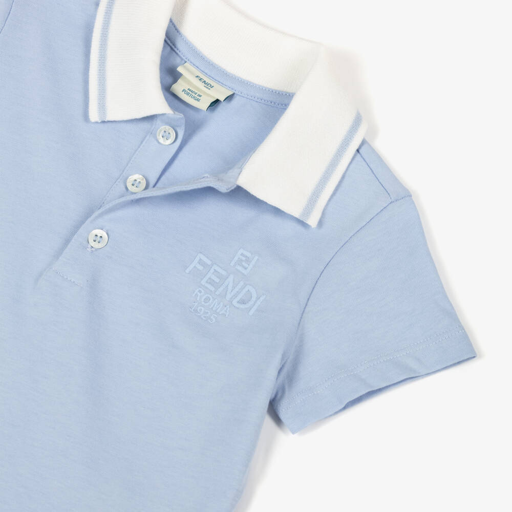 Fendi-Baby Boys Blue Cotton Polo Shirt with Roma Logo | Childrensalon