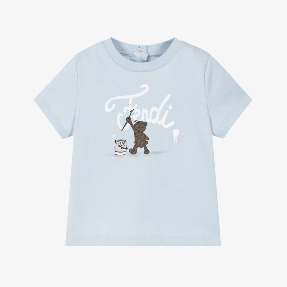 Fendi-Baby Boys Blue Cotton T-Shirt with Teddy Bear Print | Childrensalon