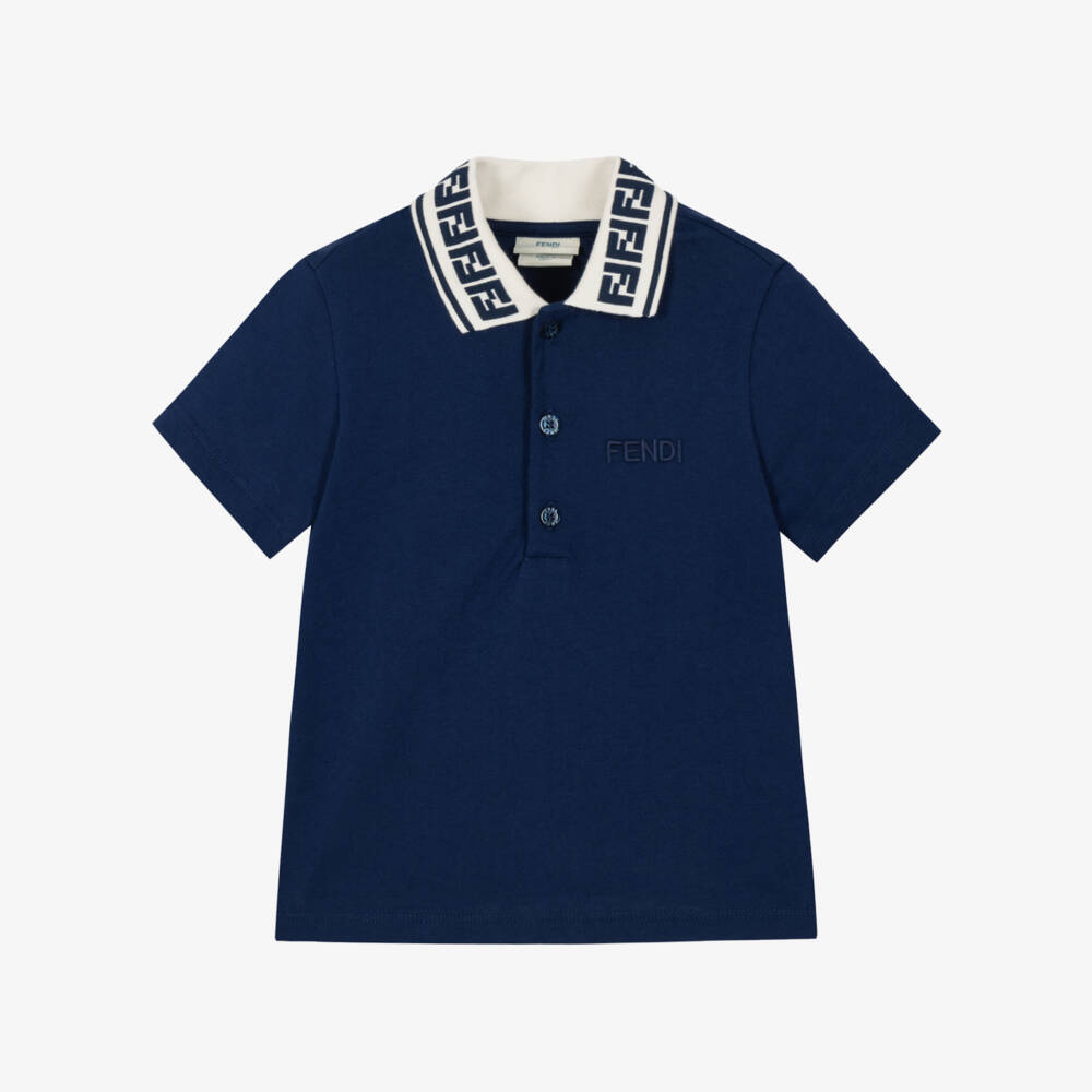 Fendi-Baby Boys Navy Blue Cotton FF Collar Polo Shirt | Childrensalon
