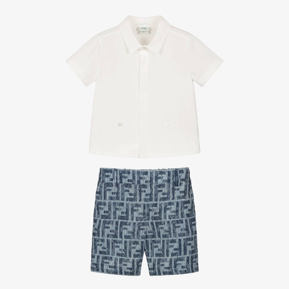 Fendi-Baby Boys White & Blue FF Logo Buster Suit | Childrensalon