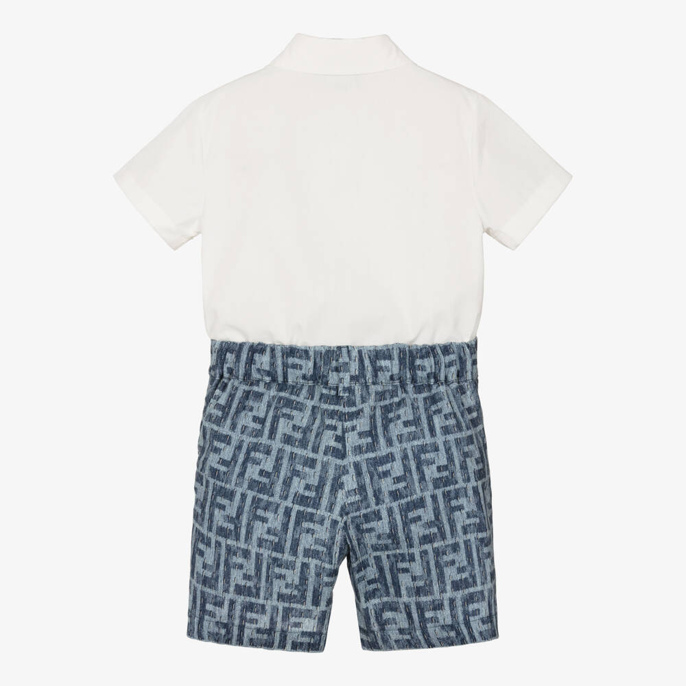 Fendi-Baby Boys White & Blue FF Logo Buster Suit | Childrensalon