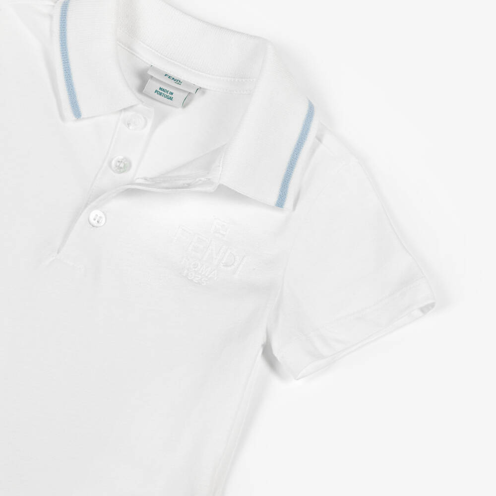 Fendi-Baby Boys White Cotton Polo Shirt with Roma Logo | Childrensalon