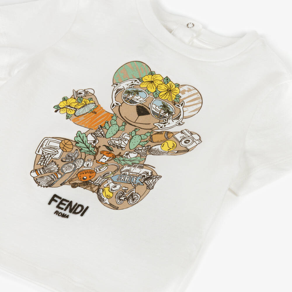 Fendi-Baby Boys White Cotton Teddy Bear Print T-Shirt | Childrensalon