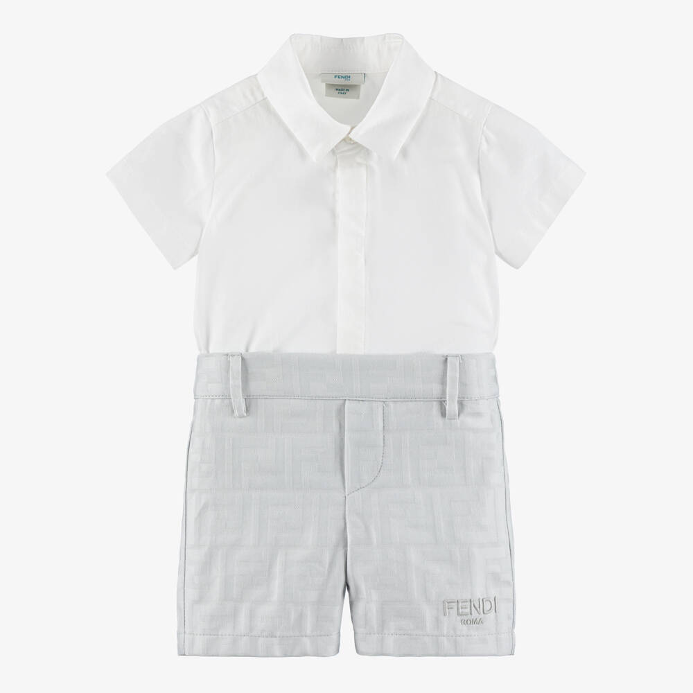 Fendi-Baby Boys White & Grey Cotton FF Logo Buster Suit | Childrensalon