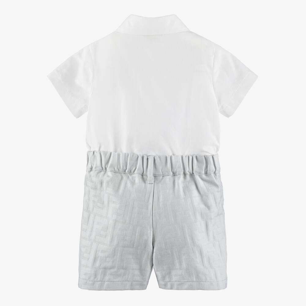 Fendi-Baby Boys White & Grey Cotton FF Logo Buster Suit | Childrensalon