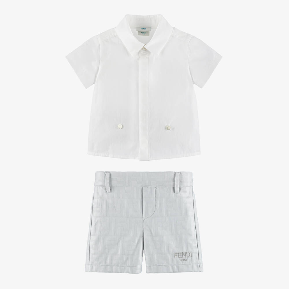 Fendi-Baby Boys White & Grey Cotton FF Logo Buster Suit | Childrensalon