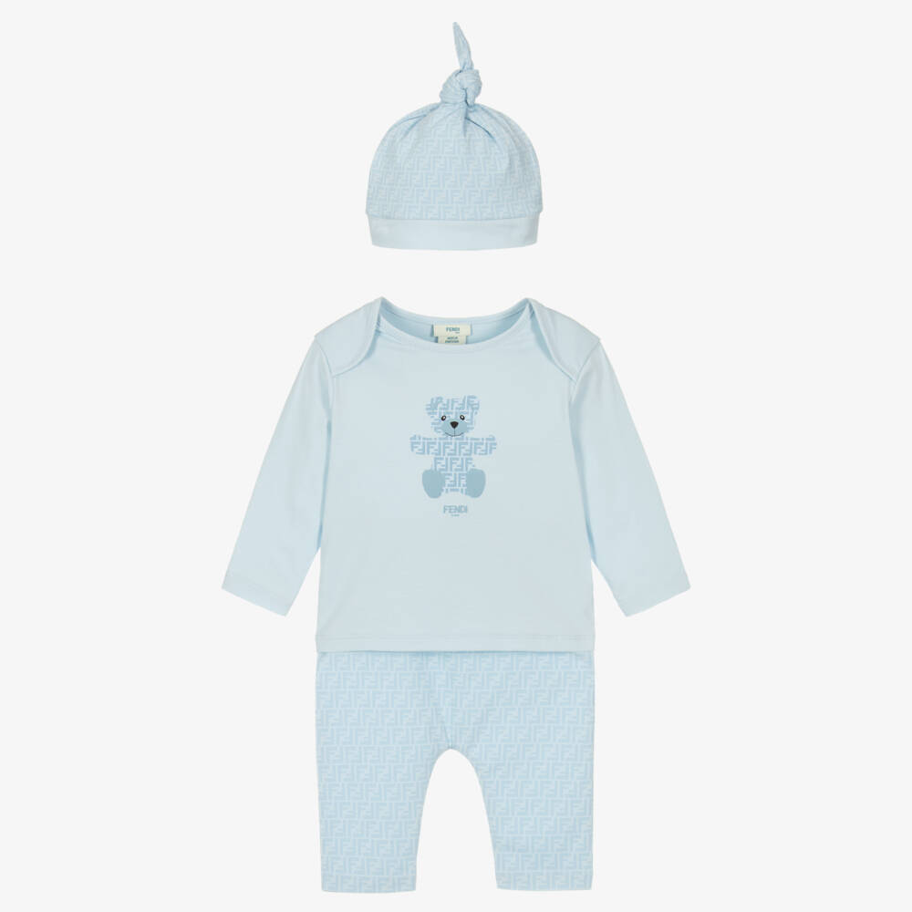 Fendi-Baby Girls Blue Cotton FF Bear Babygrow Set | Childrensalon