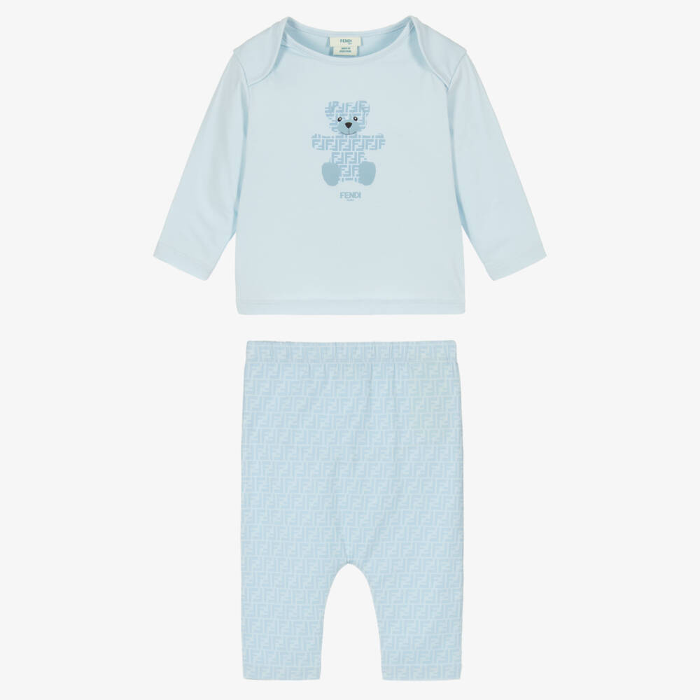 Fendi-Baby Girls Blue Cotton FF Bear Babygrow Set | Childrensalon
