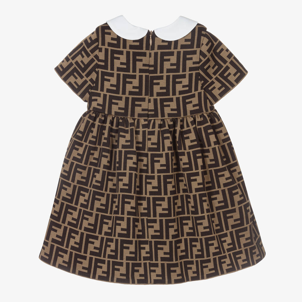 Fendi-Коричневое платье с принтом FF и воротником для малышек | Childrensalon