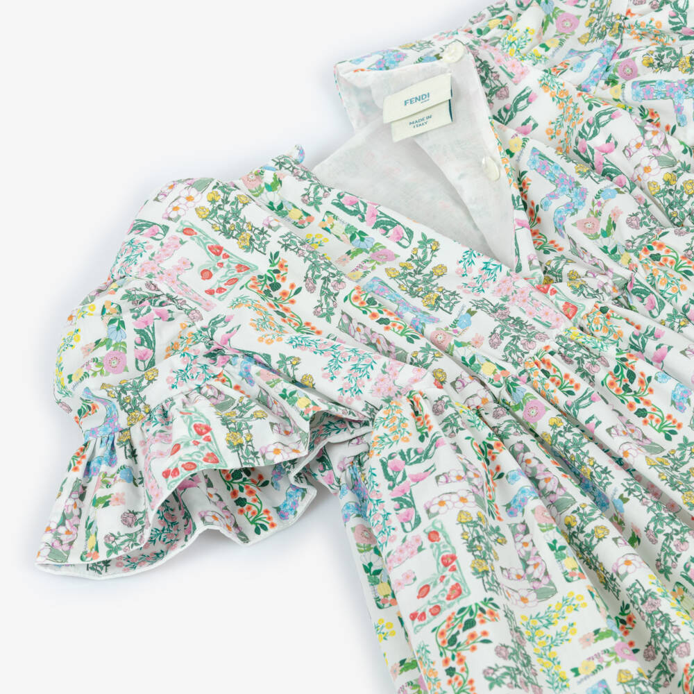 Fendi-Baby Girls Green FF Floral Logo Dress | Childrensalon