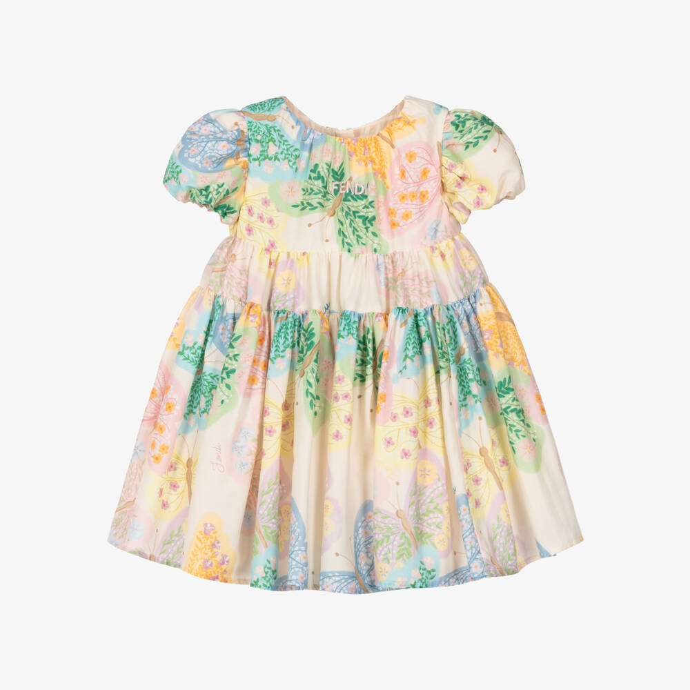 Fendi-Baby Girls Ivory Cotton & Silk Butterfly Print Dress | Childrensalon