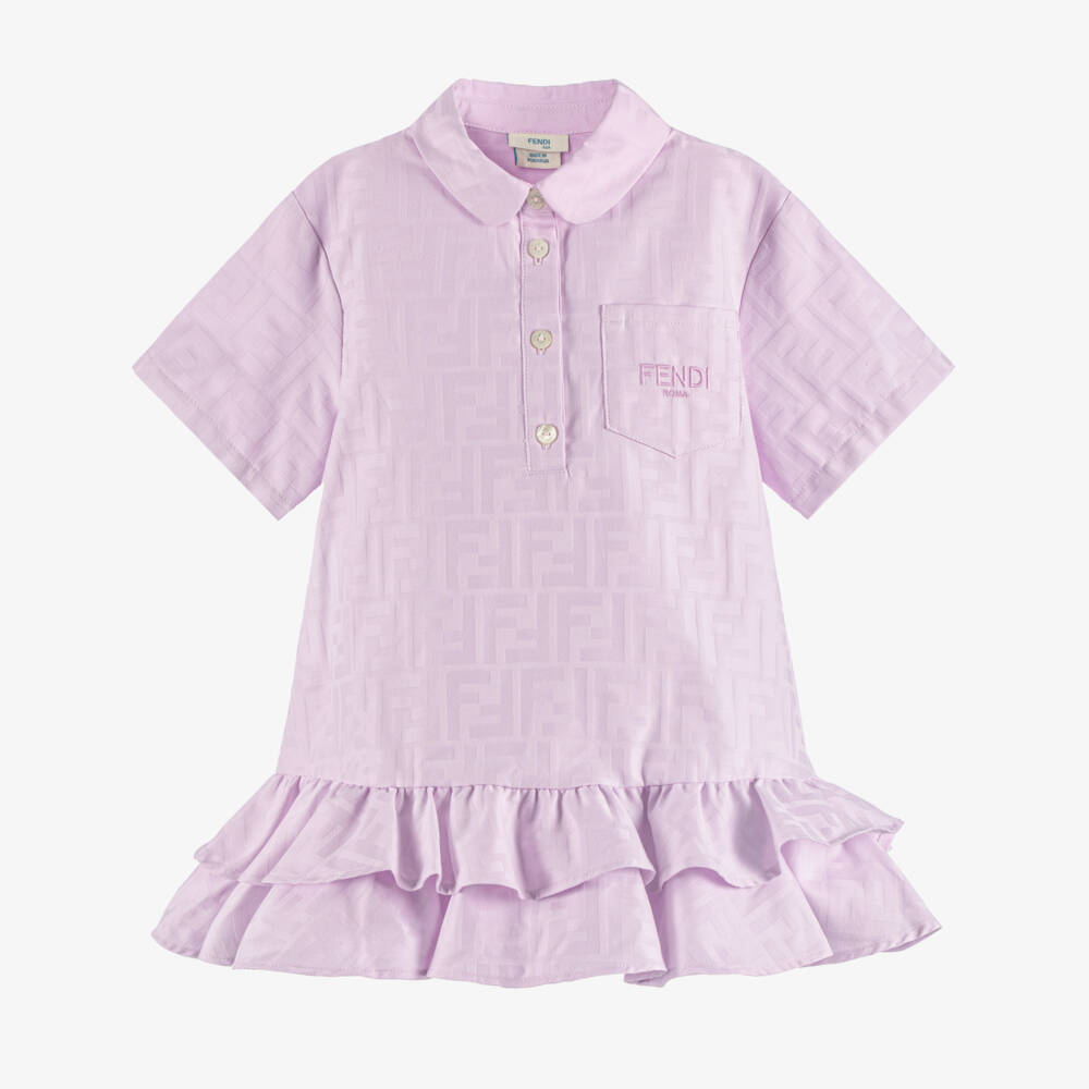 Fendi-Baby Girls Lilac Cotton Jacquard FF Logo Shirt Dress | Childrensalon