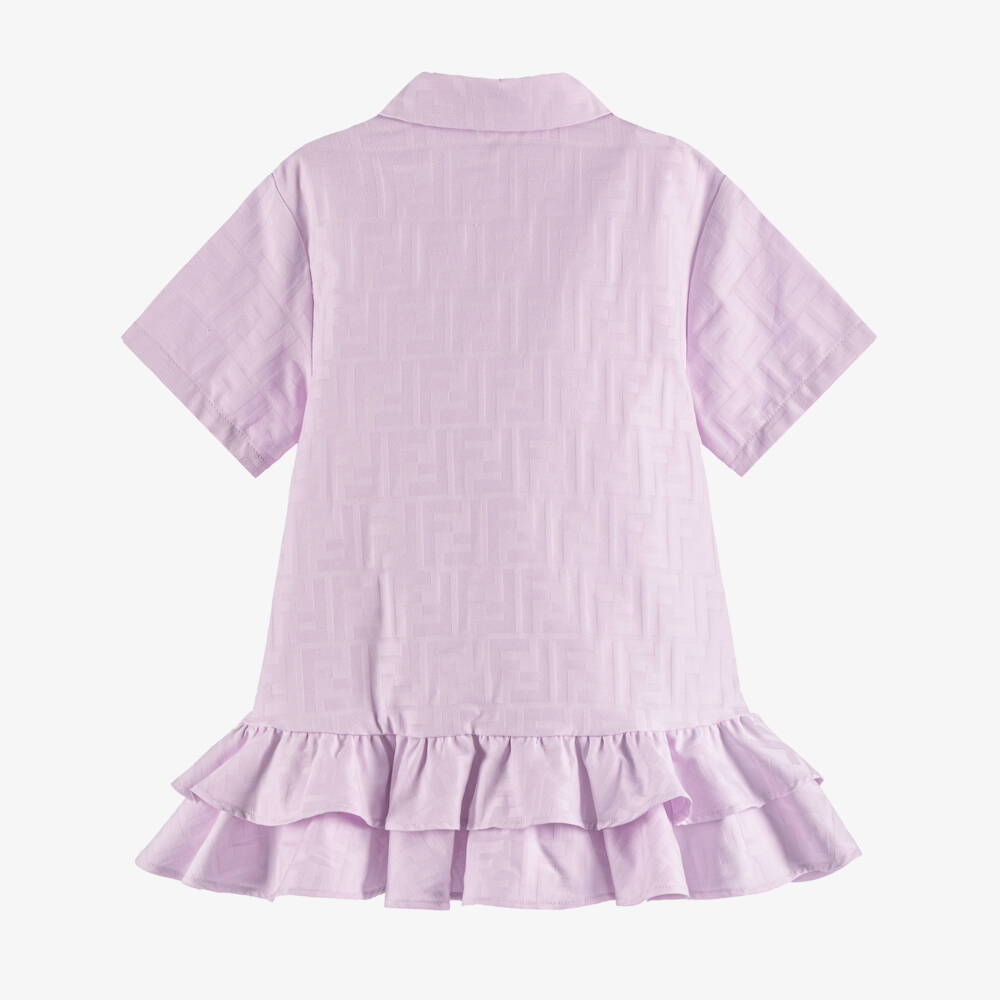 Fendi-Платье-рубашка сиреневое из хлопкового жаккарда с логотипом FF для малышек | Childrensalon