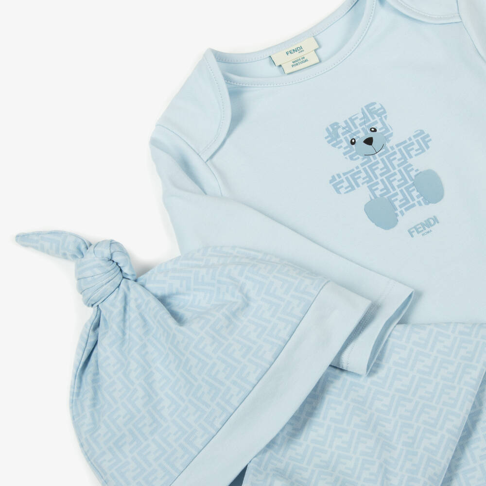 Fendi-Baby Girls Pale Blue Cotton Bear Babygrow Set | Childrensalon