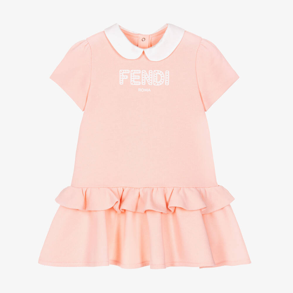 Fendi-فستان قطن مطرز بشعار لون زهري للبنات الرضع | Childrensalon