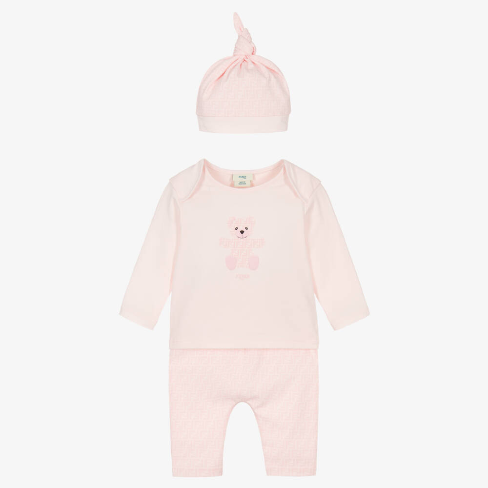 Fendi-Baby Girls Pink Cotton FF Bear Babygrow Set | Childrensalon