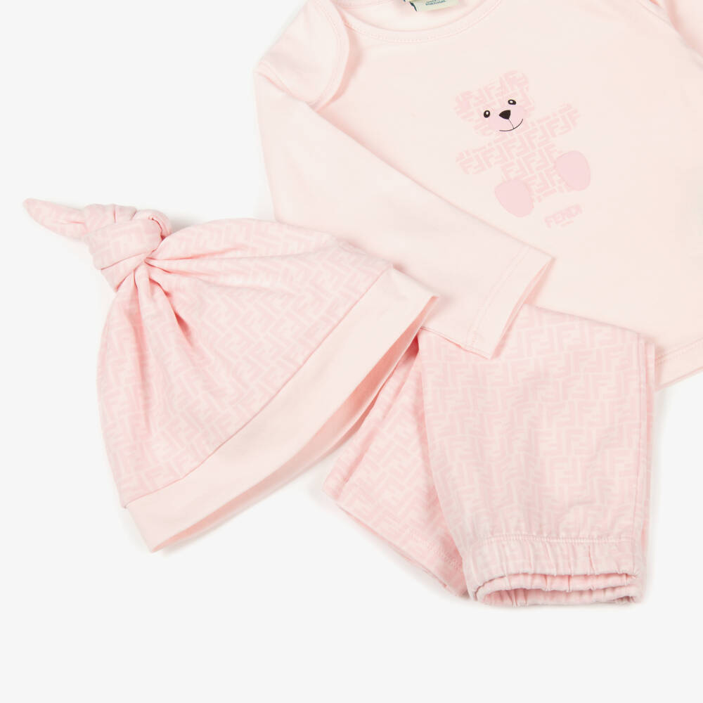 Fendi-Baby Girls Pink Cotton FF Bear Babygrow Set | Childrensalon