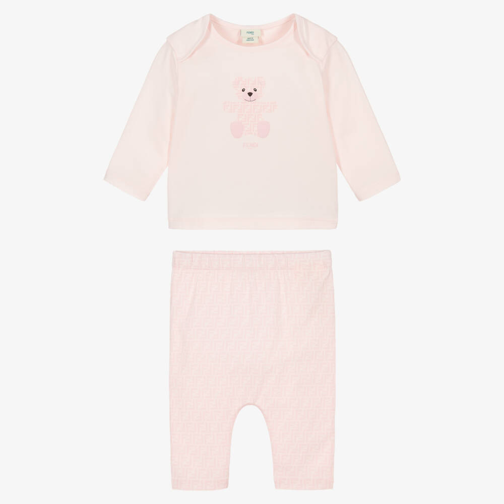 Fendi-Baby Girls Pink Cotton FF Bear Babygrow Set | Childrensalon