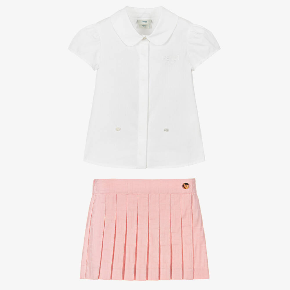 Fendi-Baby Girls Pink Cotton FF Logo Shirt & Skirt Set | Childrensalon
