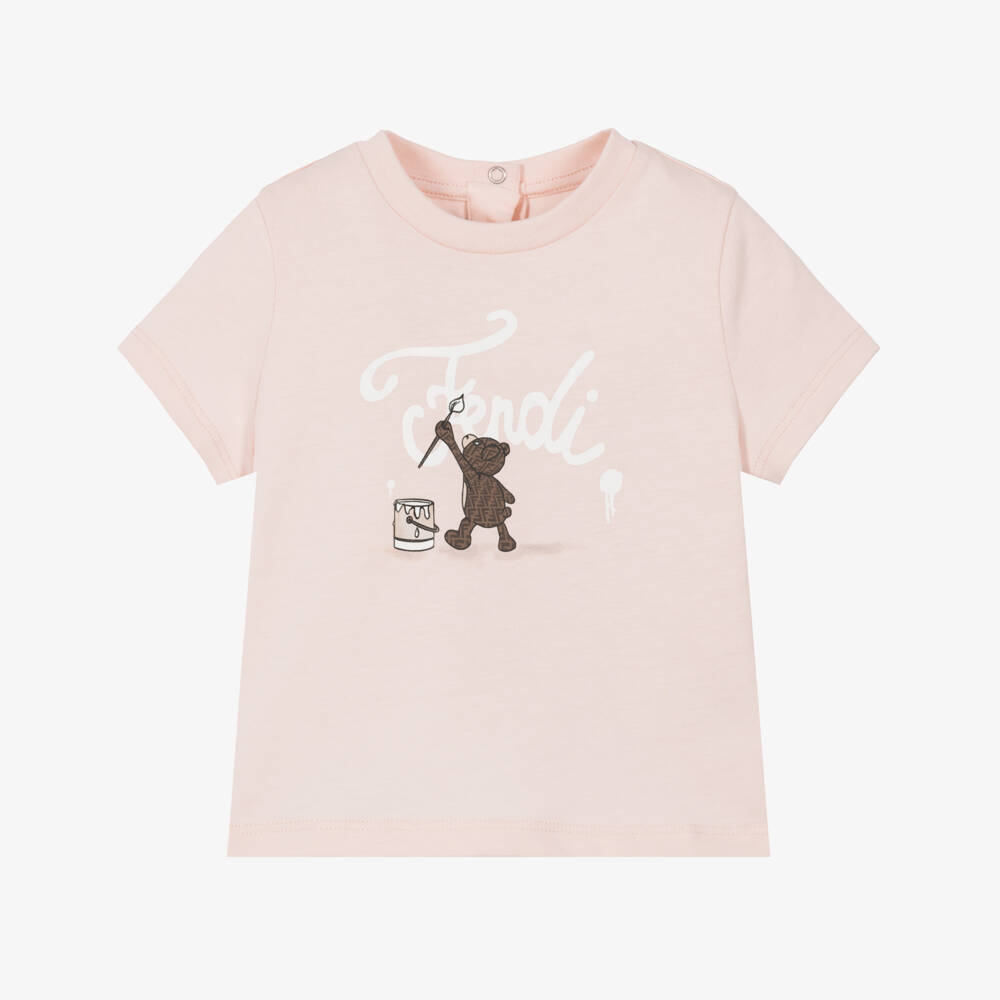 Fendi-Baby Girls Pink Cotton T-Shirt with Teddy Bear Print | Childrensalon