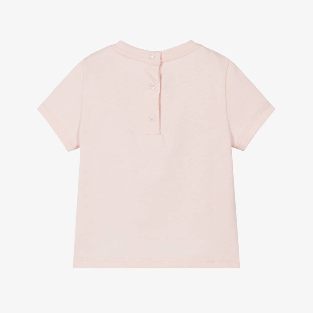 Fendi-Baby Girls Pink Cotton T-Shirt with Teddy Bear Print | Childrensalon