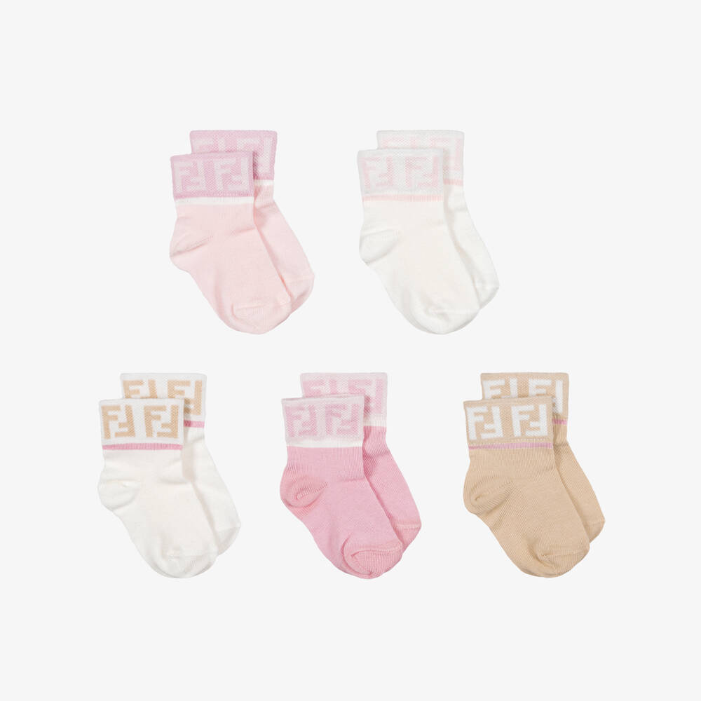 Fendi-Baby Girls Pink FF Logo Socks (5 Pack) | Childrensalon