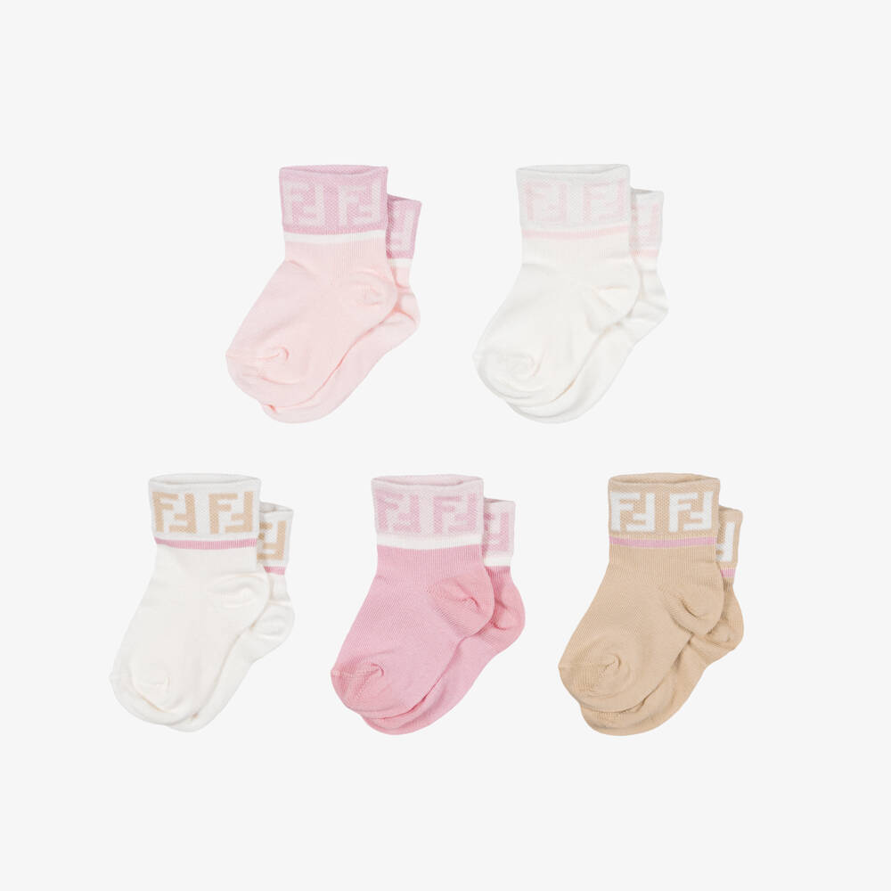 Fendi-Baby Girls Pink FF Logo Socks (5 Pack) | Childrensalon