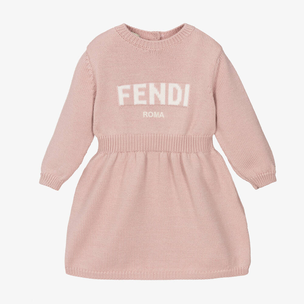 Fendi-فستان أطفال بناتي صوف بكر محبوك لون زهري | Childrensalon