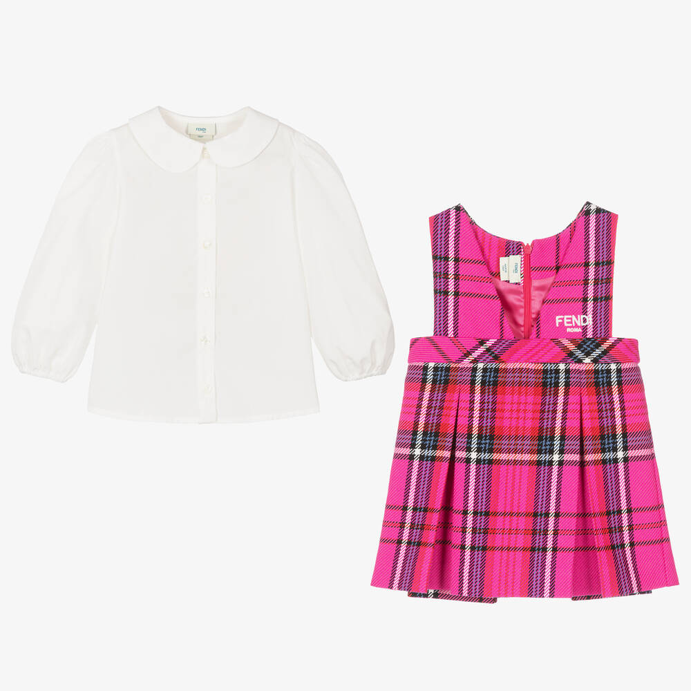 Fendi-طقم فستان قطن وصوف تارتان لون زهري | Childrensalon