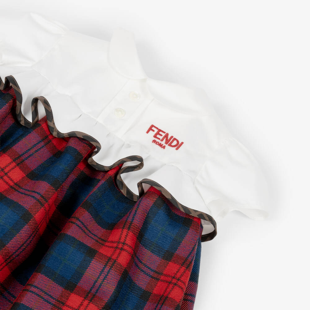 Fendi-فستان ترتان صوف لون أزرق وأحمر للبنات الرضع | Childrensalon