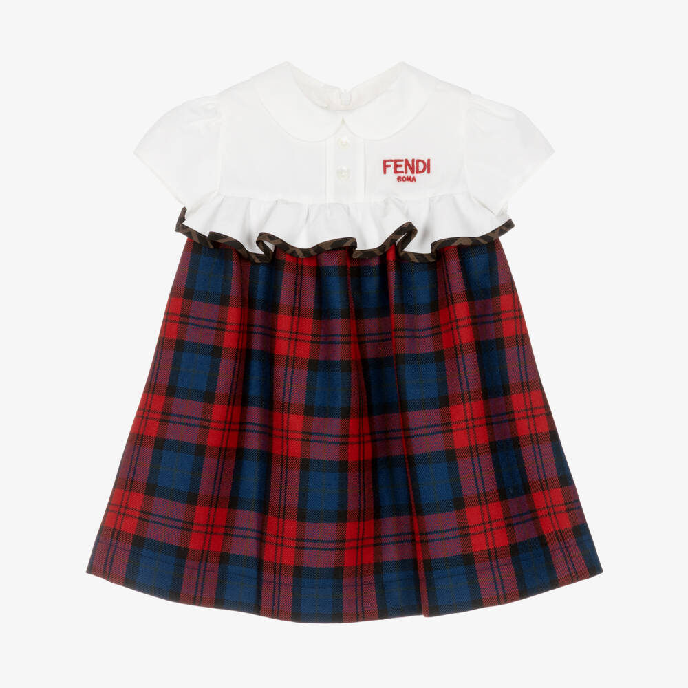 Fendi-فستان ترتان صوف لون أزرق وأحمر للبنات الرضع | Childrensalon