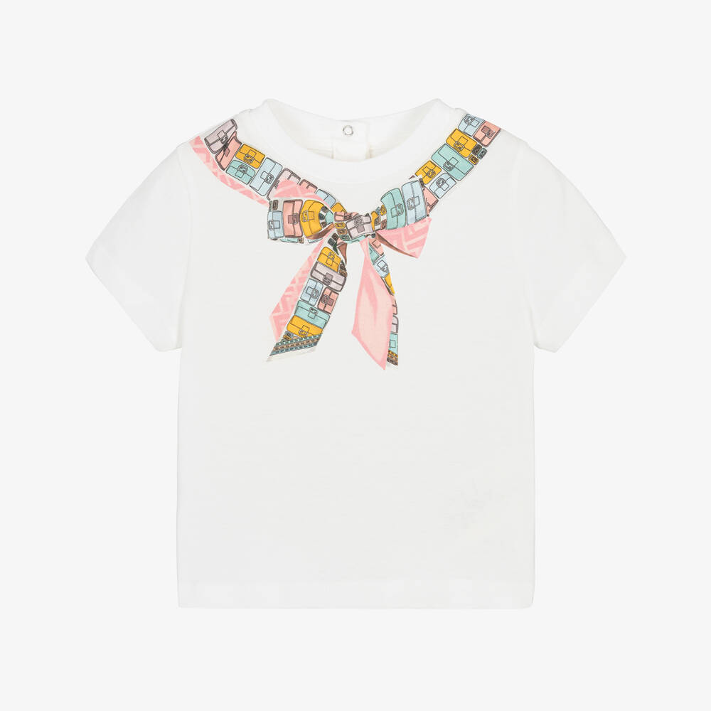 Fendi-Baby Girls White Baguette Bow Print T-Shirt | Childrensalon
