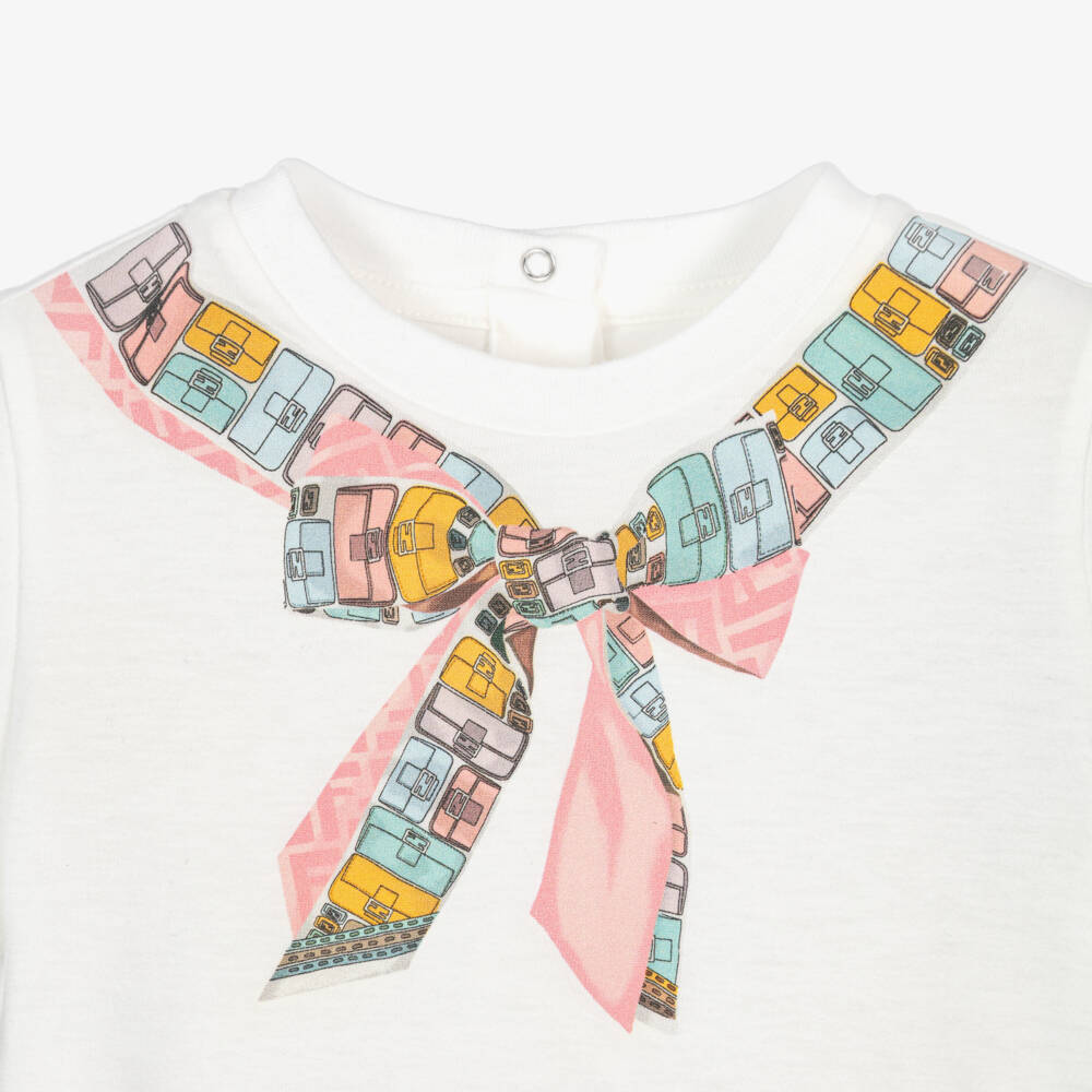 Fendi-Baby Girls White Baguette Bow Print T-Shirt | Childrensalon