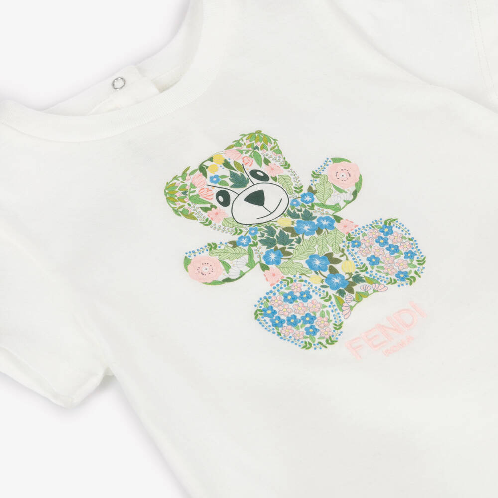 Fendi-تيشيرت بنات رضع بطبعة تيدي بير قطن لون أبيض | Childrensalon