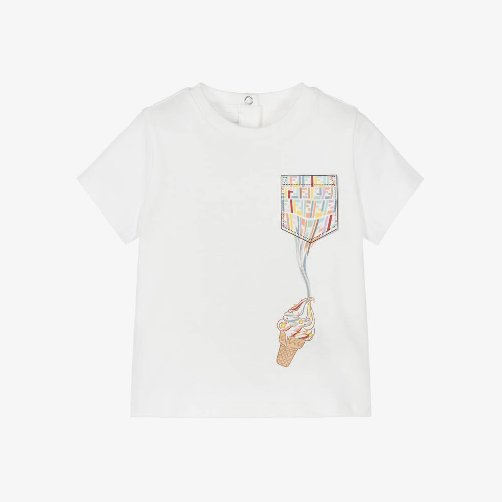 Fendi-Baby Girls White Cotton Ice Cream Motif T-Shirt | Childrensalon